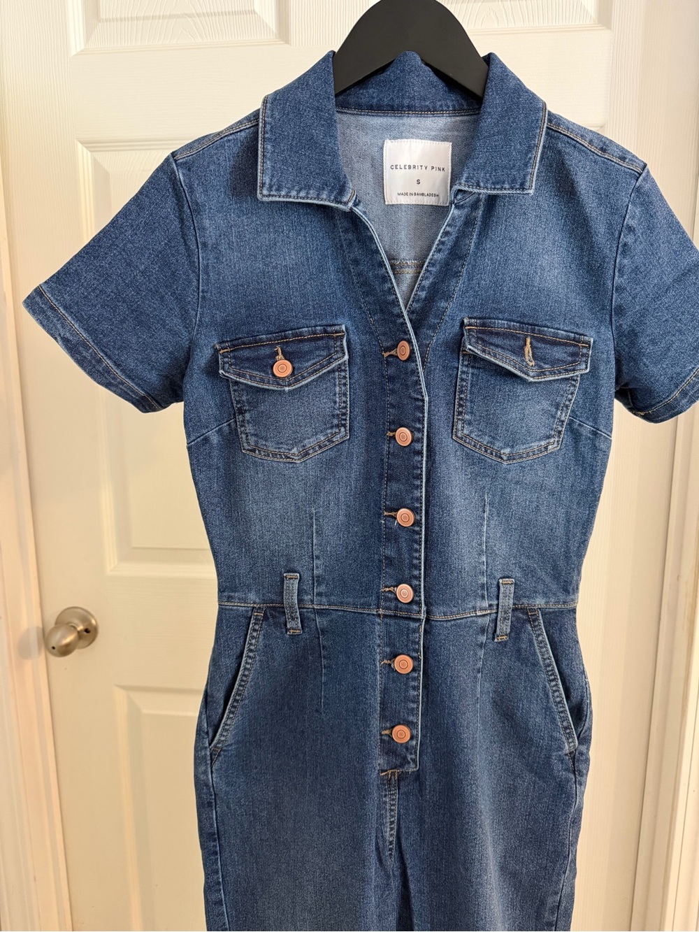 Short-Sleeve Stretchy Denim Jumpsuit - Dark Blue